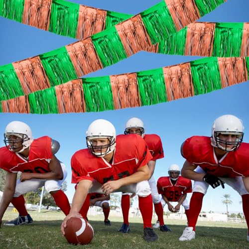 Image of 4 Packs 10 Feet Long Foil Fringe Football Parade Float Decorations for Trailer Superbowl Tinsel Garland Tinsel Green Brown Homecoming Metallic Car Streamers Super Ball Party Hanging Banner Backdrop