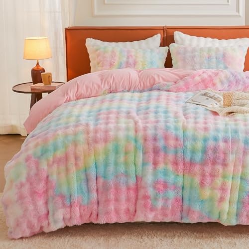 Image of EMME Faux Fur Duvet Cover Queen Size, 3 Pieces Ultra Soft Fluffy Comforter Cover, Cozy Warm for Winter, Luxury Elegant Shaggy Bubble Design Bedding, 1 Duvet Cover & 2 Pillow Shams (Queen, Rainbow)