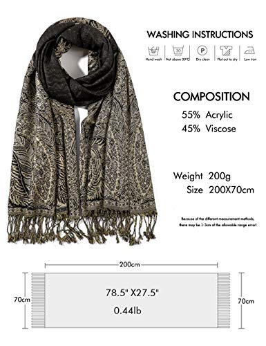 Pashmina Scarf for Women Warm Wrap Feel Shawl Paisley Hijab in Rich Colours with Fringes2