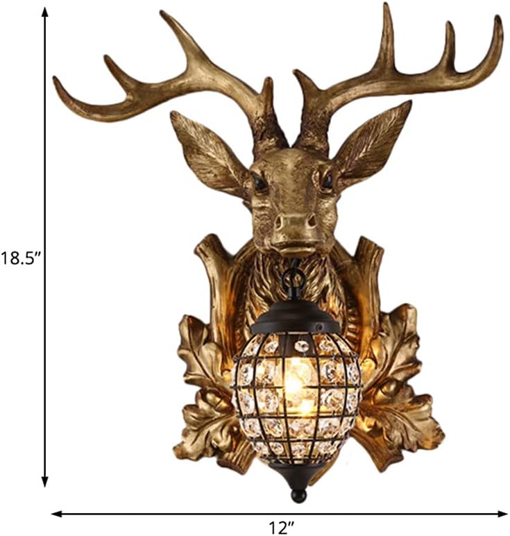 NIUYAO Rustic Resin Deer Style Wall Light with Metal Lantern Crystal Teardrop Lampshade Retro Wall Mount Lamp Sconce Light Indoor Decoration -12"