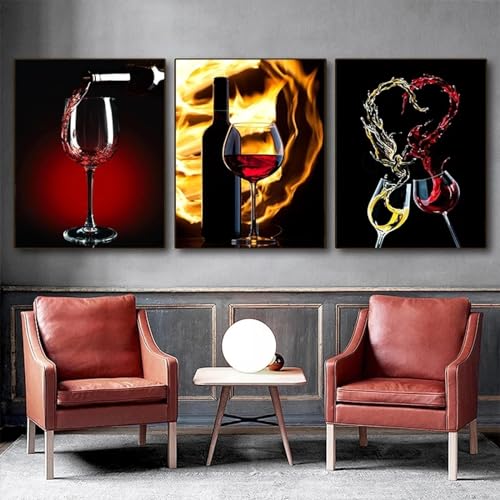 Impression sur toile verre de vin rouge triptyque 60x80 cm pour deco bar et cuisine