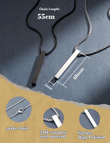 JeweBella 2 Stück Edelstahl Halskette Herren Schwarz Silber Box Kette mit Anhänger Quader Halskette Bar Anhänger Halskette 55CM Kette für Herren Männer Damen Pärchen Kette Schmuck Geschenk