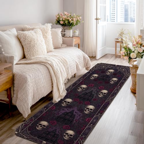 Alfombra de pasillo de calavera rosa embrujada rectangular negra 2