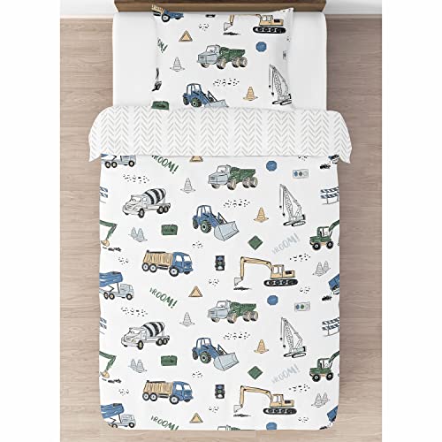 Image of Sweet Jojo Designs 2-Piece Twin Comforter Set (Green Construction Truck) for Boys, Children, Kids Bedding, Bed in a Bag incl. Blanket & Pillow Sham (Transportation, Gray, Blue, Grey & Yellow, Trucks)