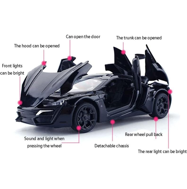 Image of New 1:24 Hyper Sport Diecast Alloy Metal Pull Back Car with Openable Doors Music Sound and Light Vehicle Toy Car for Kids Boys (Black)