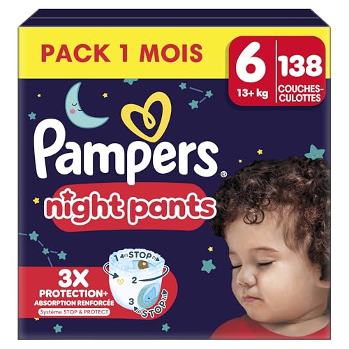 Pampers - Pampers Night Pants, Taille 6, 138 Couches, 15kg+, Maintien 360° Contre Les Fuites Avec Un Cœur Super Absorbant Pour Une Protection Renforcée Toute La Nuit, Pack 1 Mois