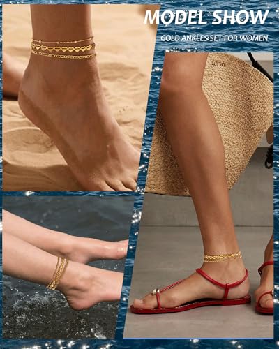 Image of ZHESHY Gold Silver Ankle Bracelets for Women 14K Gold Plated Anklets for Women Waterproof Cuban Link Heart Chain Anklets Set Non Tarnish Dainty Layered Anklet Bracelets for Women Summer Beach Jewelry