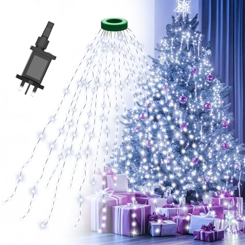 Gcstnn Christmas Tree Lights, 3M * 16 Lines 592 LEDs Fairy Lights Mains Powered with 8 Light Modes,Memory & Timing Function,Waterproof for 1.5-3.5M(5-12ft) Christmas Tree Indoor and Outdoor,Cool White