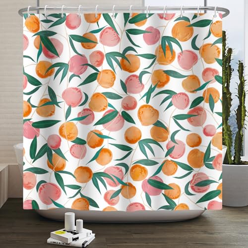 ZJRBJB Peach Shower Curtain Allover Cute Honey Peach Design Shower Curtain Set Waterproof Fabric Bathroom Curtain Set Peachy Pink with 12 Hooks,66x72 Inches