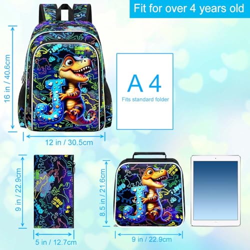 Image of 3Pcs Dinosaur Backpack, 16 inch Boys Bookbag with Lunch Box, Kids School Backpacks Set for Elementary Preschool Kindergarten (Balck)