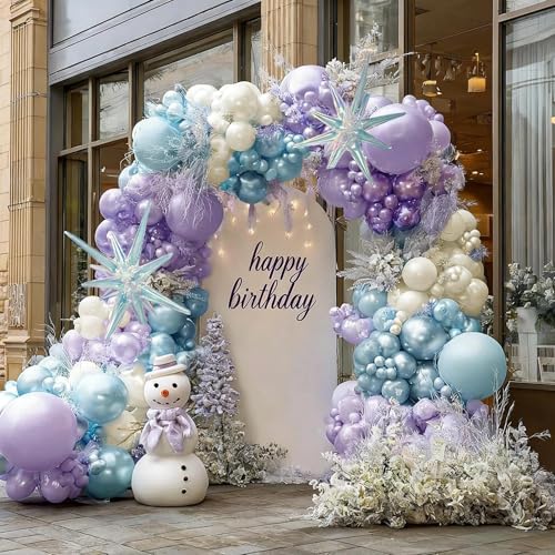 Frozen Balloon Garland Arch Kit Double Stuffed Purple Blue White Pearl Balloons with Iridescent Star Foils for Birthday Christmas Baby Shower Frozen Wedding Winter Party Decorations