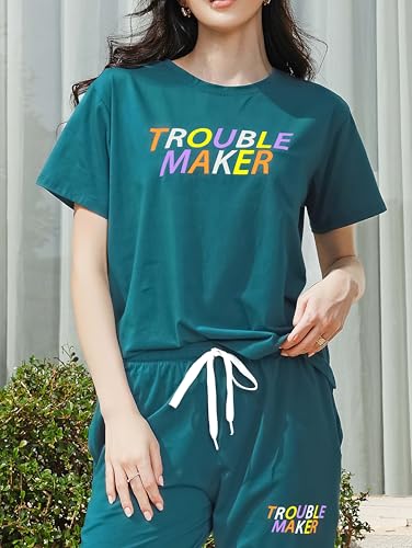 Image of ZEYO Night Suit for Women's Typography Printed Cotton Night Dress of Top and Joggers