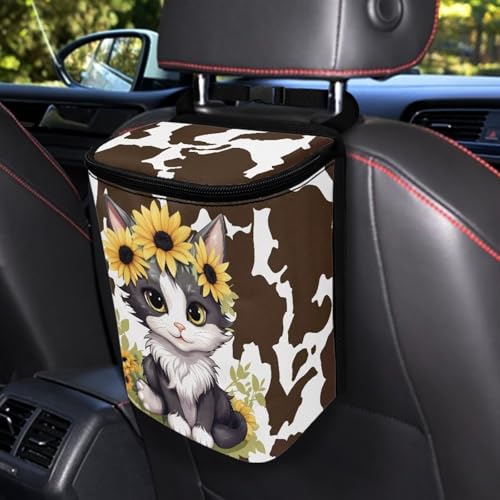 Image of Car Trash Can Cars Waste Basket with Lid Storage Pockets for Disposable Garbage Bag Multipurpose Collapsible Car Organizer, Cat Sunflower Cow Print