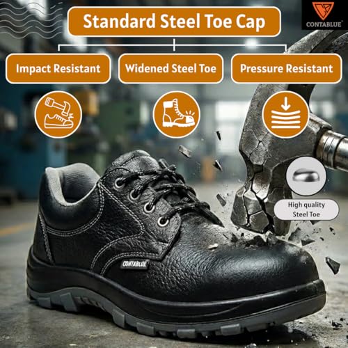Image of Contablue Men's Leather Industrial Safety Shoes, Lightweight Steel Toe Work Shoes with Double Density PU Sole, Insock Cushioned, Breathable, Anti-Skid & Water Resistant for Industrial, Construction & Industrial Use