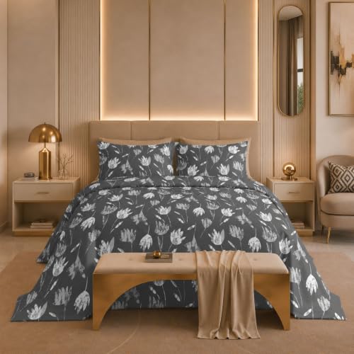 Image of Jaipur Weaves Cotton King Size Bedsheet 108x108 Super King, 100% Pure Cotton Bed Sheet with 2 Pillow Covers, 300 TC Soft Breathable Floral Design Bedding (Grey Tulips, Super King)