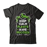 TeesNow Keep Calm Plants Have Protein Vegan Vegetarian Shirt Short Sleeve Tee (Black, L)