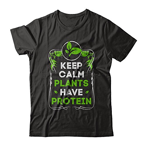 TeesNow Keep Calm Plants Have Protein Vegan Vegetarian Shirt Short Sleeve Tee (Black, L)