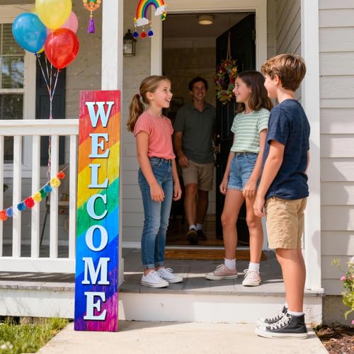 Image of Vertical Wooden Rainbow Welcome Porch Sign,Rustic Porch Standing Sign,Decorative Plaques for Front Door,Farmhouse Style Outdoor Indoor Welcome Decoration-47.2 inch H