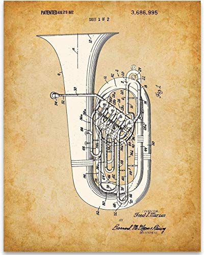 Tuba Patent Print - Classic Music Room Decor, Brass Wind Instrument, Antique Orchestra Art Print, Vintage Gift for Band Directors and Jazz Musicians, 11x14 Unframed Patent Print Poster