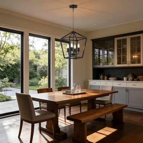 Image of 4 Light Black Chandelier, Industrial Farmhouse Lantern Cage Ceiling Light, Adjustable Height Rustic Geometric Hanging Light for Kitchen Island, Dining Room, Entryway, Hall, Sloped Ceiling