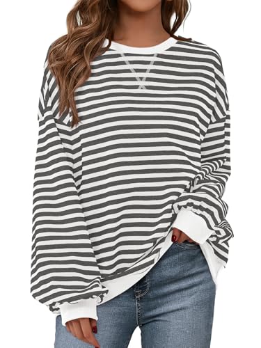 Image of PRETTYGARDEN Womens Striped Oversized Sweatshirt Color Block Crew Neck Long Sleeve Casual Loose Pullover Top Y2K Clothes