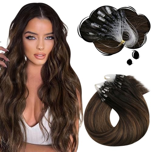 Moresoo Micro Loop Hair Extensions Real Human Hair 24 Inch Balayage Darkest Brown and Chestnut Brown Invisible Micro Beads Hair Extensions 1g/s 50g/Pack #2/6/2