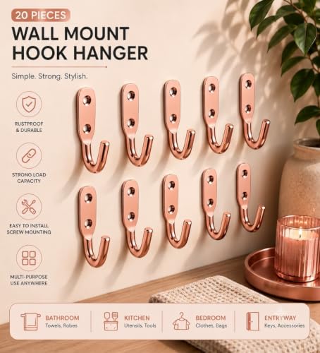 Image of iiSTAR Stainless Steel Unbreakable J Type Hook Bathroom Hooks Cloth Hanger Wall Hook Door Robe Hooks for Hanging Keys,Clothes (Rose Gold-Pack of 20)