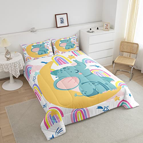 Feelyou Rainbow Comforter Set Colorful Stripes Bedding Set Elephant Print Comforter Cute Animal Quilted Duvet Set For Kids Boys Girls Twin Size Bedding Collection 2Pcs #TOP2