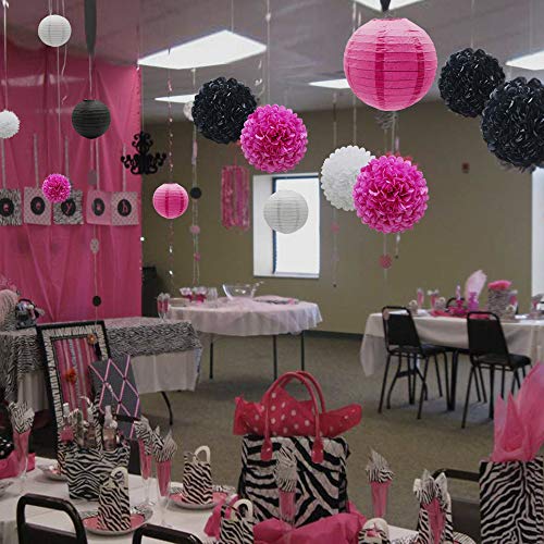 Image of KAXIXI 15-Piece Pink and Black Party Decorations, Paper Pom Poms & Lanterns