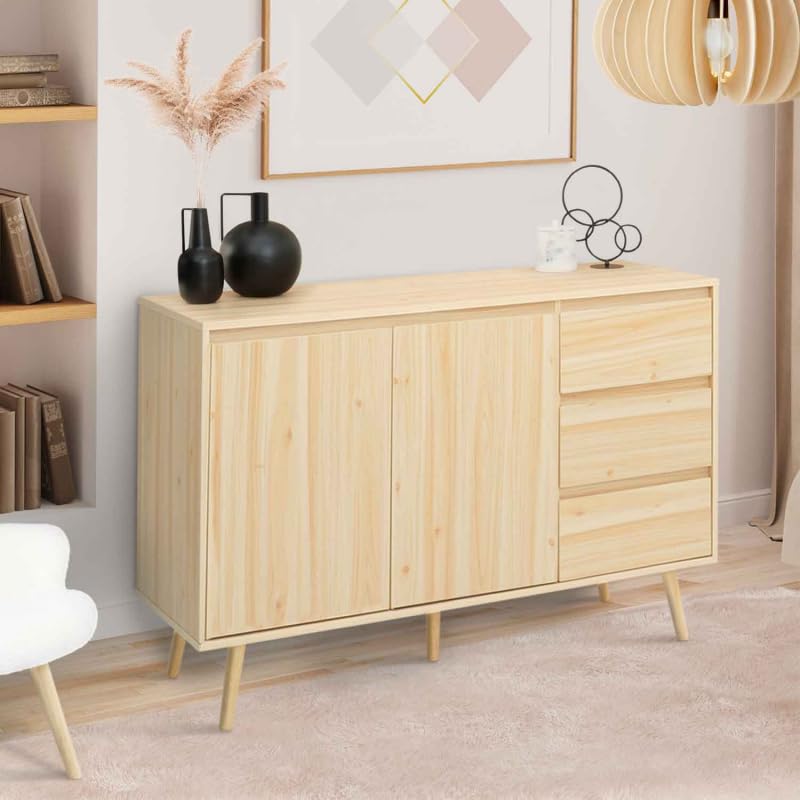 IDMarket Aparador Bajo Escandinavo FINN 113 Cm | Blanco Y Haya | 3 Puertas | Almacenaje Para Salón, Comedor O Dormitorio | Estructura De Aglomerado
