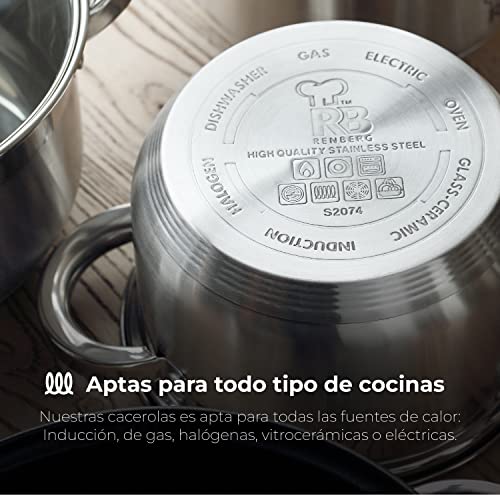 RENBERG-Alexander-Bateria-de-Cocina-de-7-Piezas-Cazo-de-16-cm-y-Cazuelas-con-Tapa-de-Cristal-de-18-20-y-24-cm-de-Diametro-Acero-Inoxidable-Menaje-de-Cocina-Para-Todo-Tipo-de-Cocinas