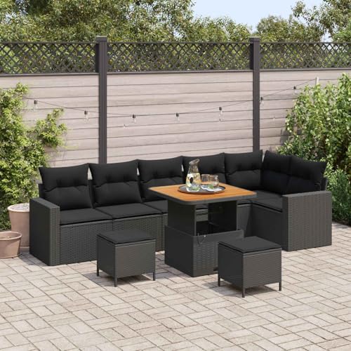 Mokuyary Juego de sofá de jardín con cojín, 11 unidades, color negro, poliratán para balcón, muebles de balcón, exteriores, jardín, jardín, 80 cm, longitud de tafetán M336K579