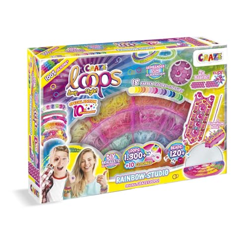 CRAZE loops Rainbow Studio - Loom Bänder XXL Set mit 1300+ Gummibänder und viel Zubehör - Kinder Bastelset - Halsketten, Ringe und Armbänder selber machen, Regenbogen