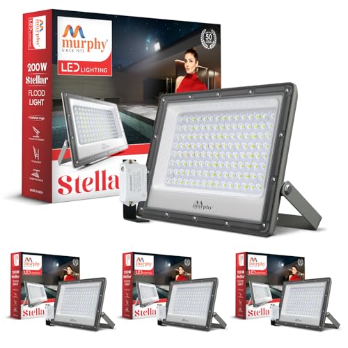 Image of Murphy Stellar 200W LED Flood Light with Auto Day-Night Sensor | Ultra-Bright 6500K Cool White | IP66 Waterproof & Surge Protected | High Lumen Outdoor Security Light for Factory, (Pack of 4)