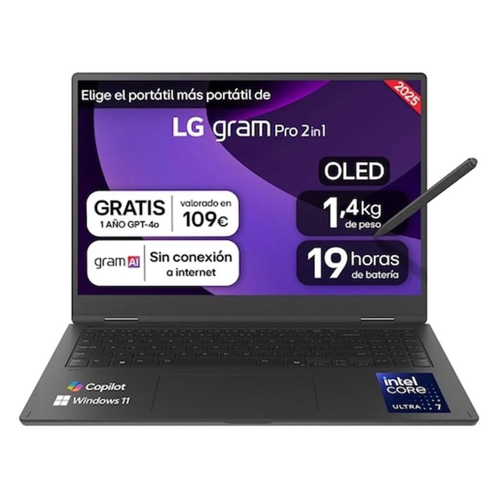 LG gram 16T90TP-K.AD88B Komputer przenośny 16-calowy Intel Core Ultra7 255H, 32 GB RAM, 1 TB SSD, Wielodotykowy panel OLED, WQXGA+, 1399 g, 19 godzin, Windows 11 Home, klawiatura QWERTY