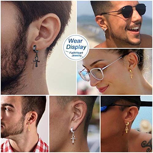 Faithheart Stainless Steel Ankh Cross Dangle Hinged Hoop Earrings, Women Hoop Huggie Earrings Egyptian Cross Drop Dangle Earrings-Silver #TOP5