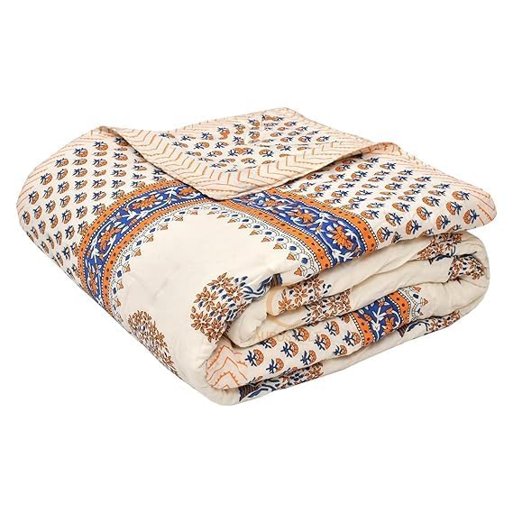 EMIOUR 400 GSM Soft Light Weight Rajasthani Traditional Jaipuri Hand Block Print Summer and Winter Cotton Double Bed Quilt Razai [Double Bed 90 x 105 Inch] (Design 1)