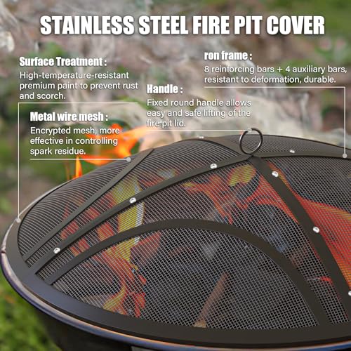 Fire Pit Spark Screen, 22 Inch Outdoor Fire Pit Screen with Handle & Poker, Heavy-Duty Steel Fire Pit Cover Round Mesh Replacement Firepit Screen for Backyard/Beach/RV Camping - Image 5