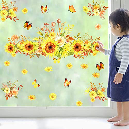 Kokolap Large Sunflower Window Clings Spring Flowers Wall Decals Peel And Stick Daisy Wall Sticker Yellow Flower Butterfly Window Stickers For Living Room Kids Girls Bedroom Nusery Kitchen Glass Decor #TOP1