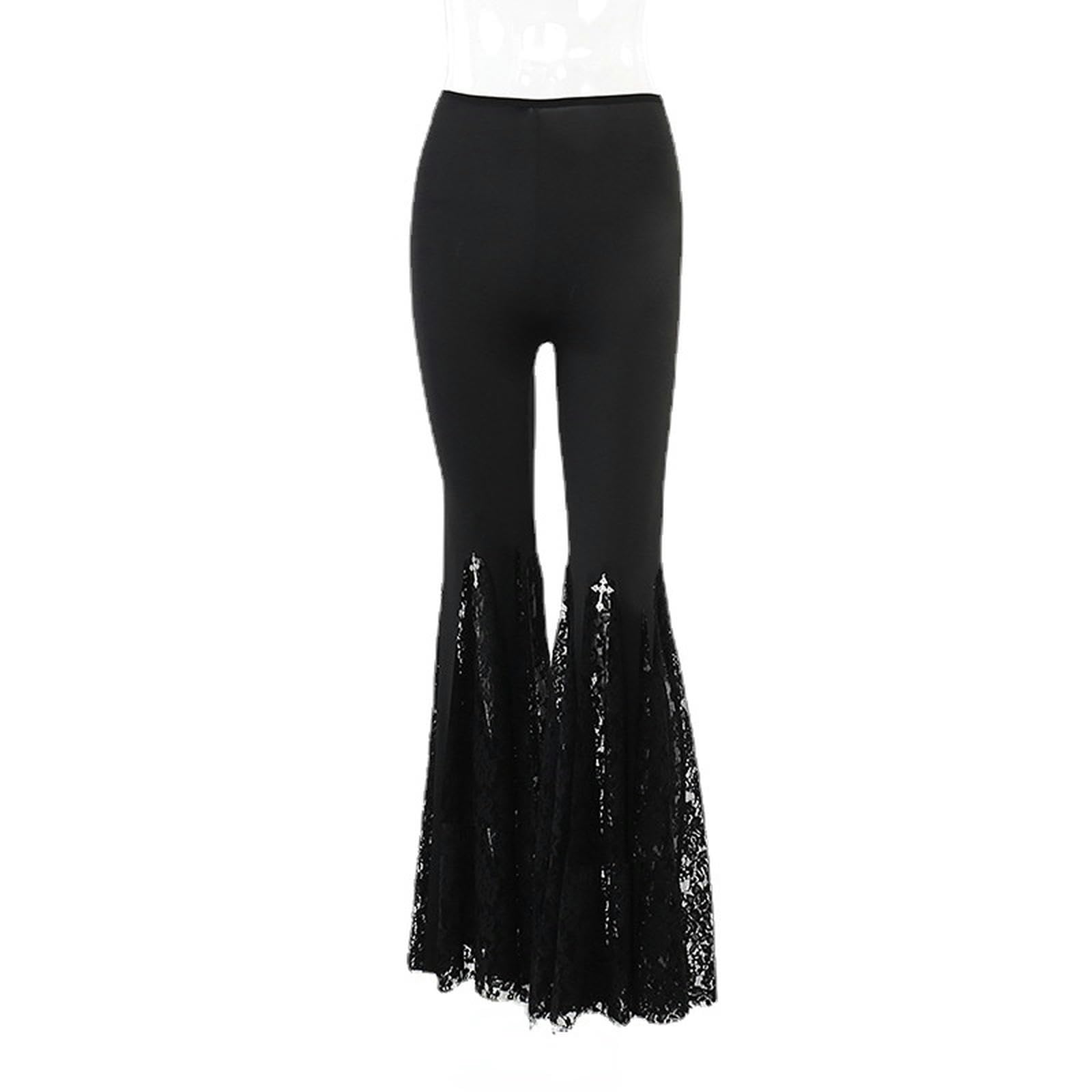 Gothic-Spitzen-Flare-Hose, Schnürung, Patchwork, schmale Hose, modische Bandage, seitlich durchsichtig, europäischer Stil, lässige Schlaghose, Damen-Style6-L