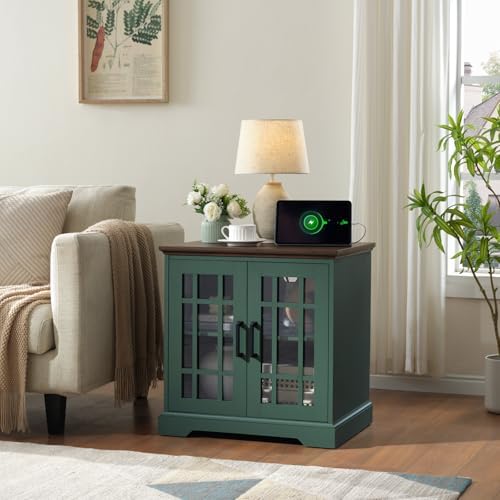 Barnyatoh End Table with Charging Station, Farmhouse Nightstand w...