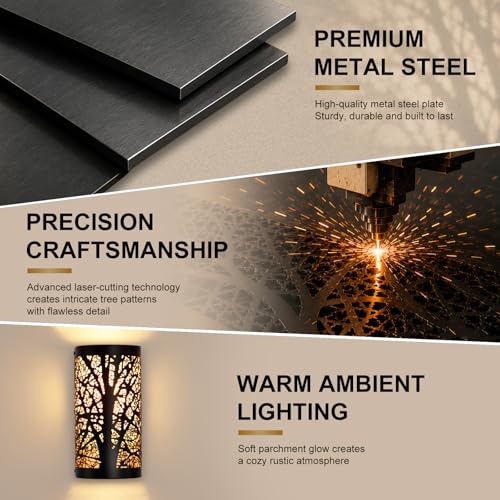 Image of Farmhouse Wall Sconces Set of 2, Hardwired Rustic Black Metal Tree Branch Vintage Wall Lights with Warm Yellow Parchment Shades, 1-Light E26 for Bedroom Bathroom Hallway