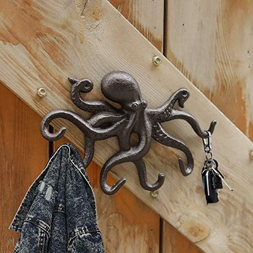 ChasBete Octopus Coat Hooks for Wall, Rustic Cast Iron Key Holder, 22.5cm Heavy Duty Door Hook with 6 Tentacles - Black