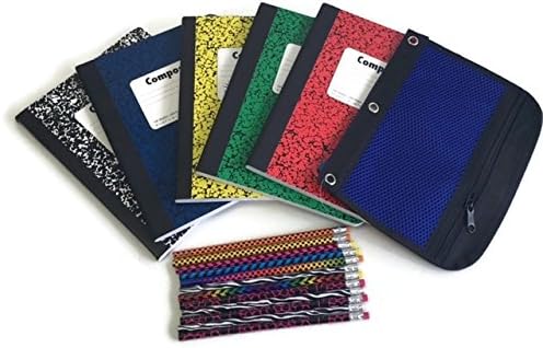 Back To School Supplies Bundle includes: 5 composition bright colors notebook, 12 fashion design matching wood pencils and 1 indigo blue binder pouch