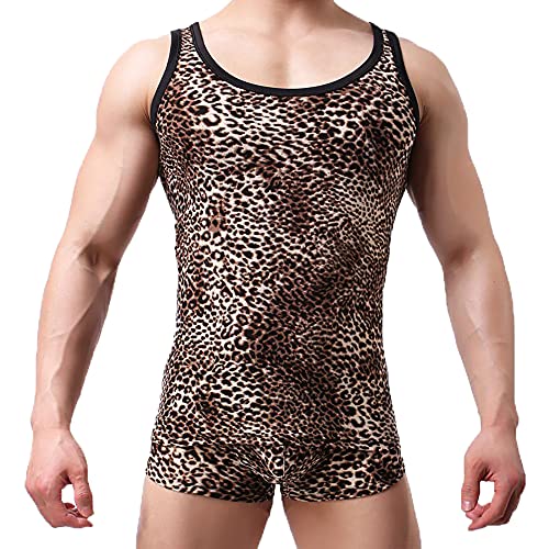 Men Leopard Pajamas Sets Sleeveless Tank Tops Bugle Pouch Boxer Shorts Sleepwear