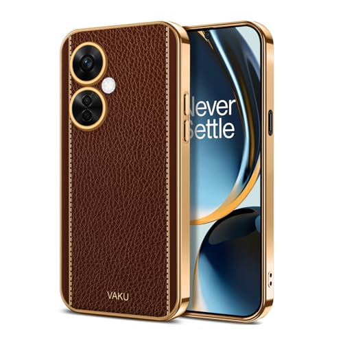 Image of Vaku Luxos Luxemberg Back Cover for OnePlus Nord CE 3 Lite 5G with Leather Pattern Gold Electroplated Soft TPU Cover Shockproof Protective Case- Brown
