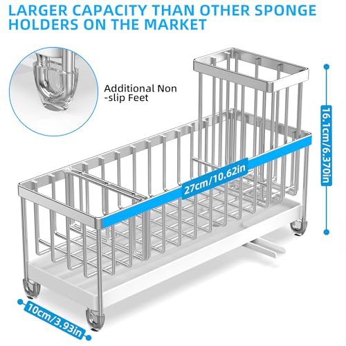 Moforoco Larger Version Sponge Holder for Kitchen Sink, Sink Caddy with High Brush Holder, Kitchen Sink Organizer Countertop Rustproof 304 Stainless Steel (Stainless Steel) - Thumbnail 3