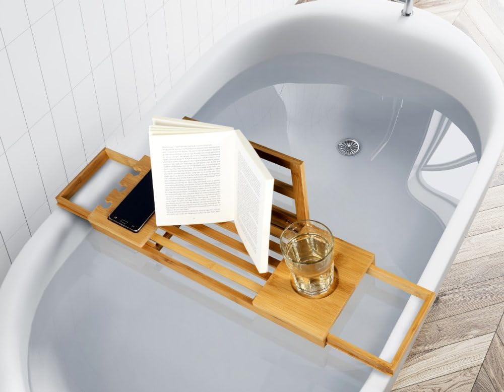 Alpina Bandeja Bañera Ajustable - Estanterias Baño 50-92 x 18 x 4 cm - Bandeja Bambú con Soporte para Libros y Soporte para Tableta - Incl. Soportes para Vasos - Mueble Baño