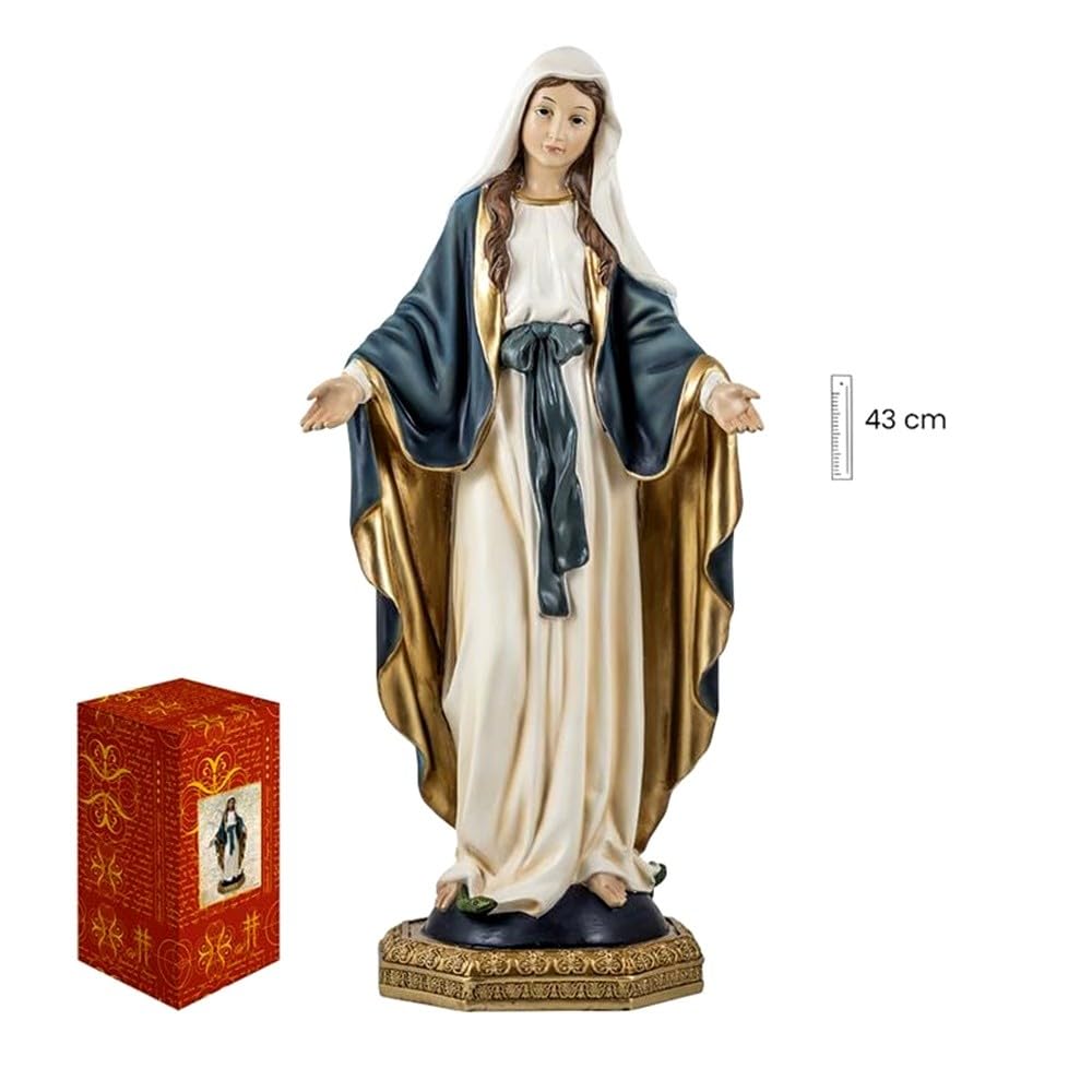 Virgen Milagrosa figura religiosa con 43 cm. imagen en resina detalle peana