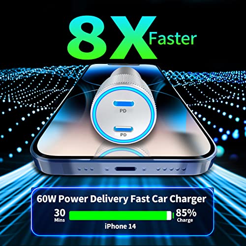 [Apple MFi Certified] iPhone Fast Car Charger, Linocell 60W Dual USB C Power Delivery All Metal Rapid Car Charger Adapter with 2Pack Type C to Lightning Cord Quick Car Charging for iPhone/iPad/Airpods